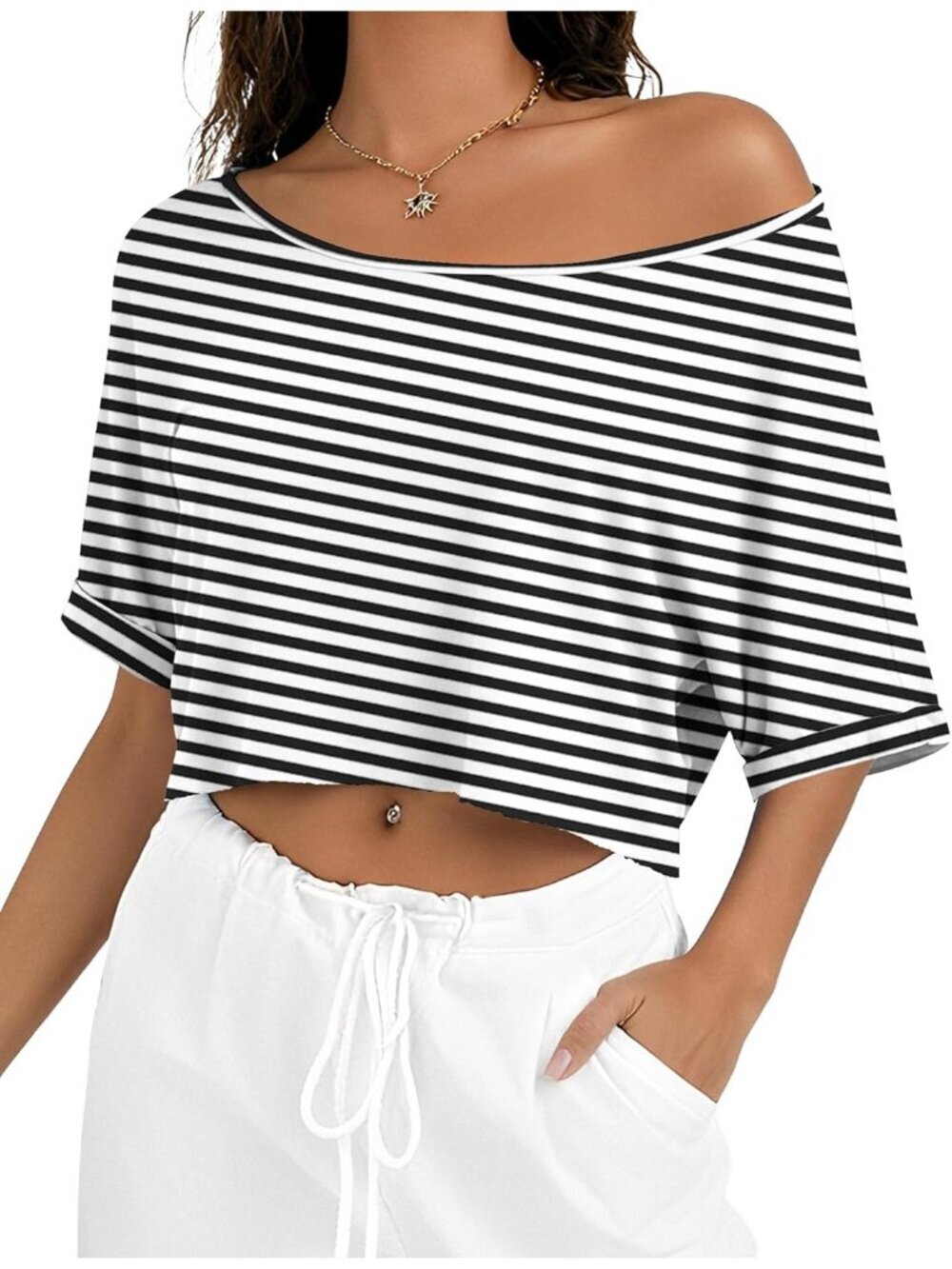 Women Black White Striped Short Sleeve Off The Shoulder Boat Neck Loose Crop Top